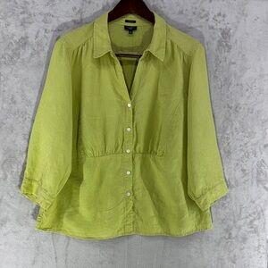 Talbots Pure Irish Linen Lime Green 3/4 Sleeve Button Down Size 18W